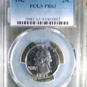1942 WASHINGTON SILVER QUARTER PR63 PCGS