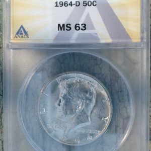 1964-D KENNEDY SILVER HALF DOLLAR GRADED MS63 BY ANACS
