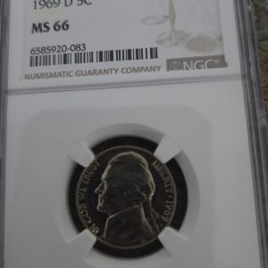 1969-D JEFFERSON NICKEL GRADED MS66 BY NGC