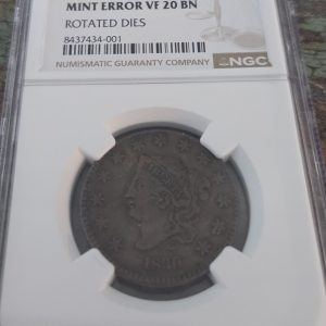 1830 CORONET HEAD LARGE CENT W/"ROTATED DIES" GRADED VF20BN BY NGC
